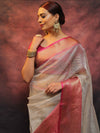Banarasee Contrast Border Big Buta Tissue Saree-Silver & Pink