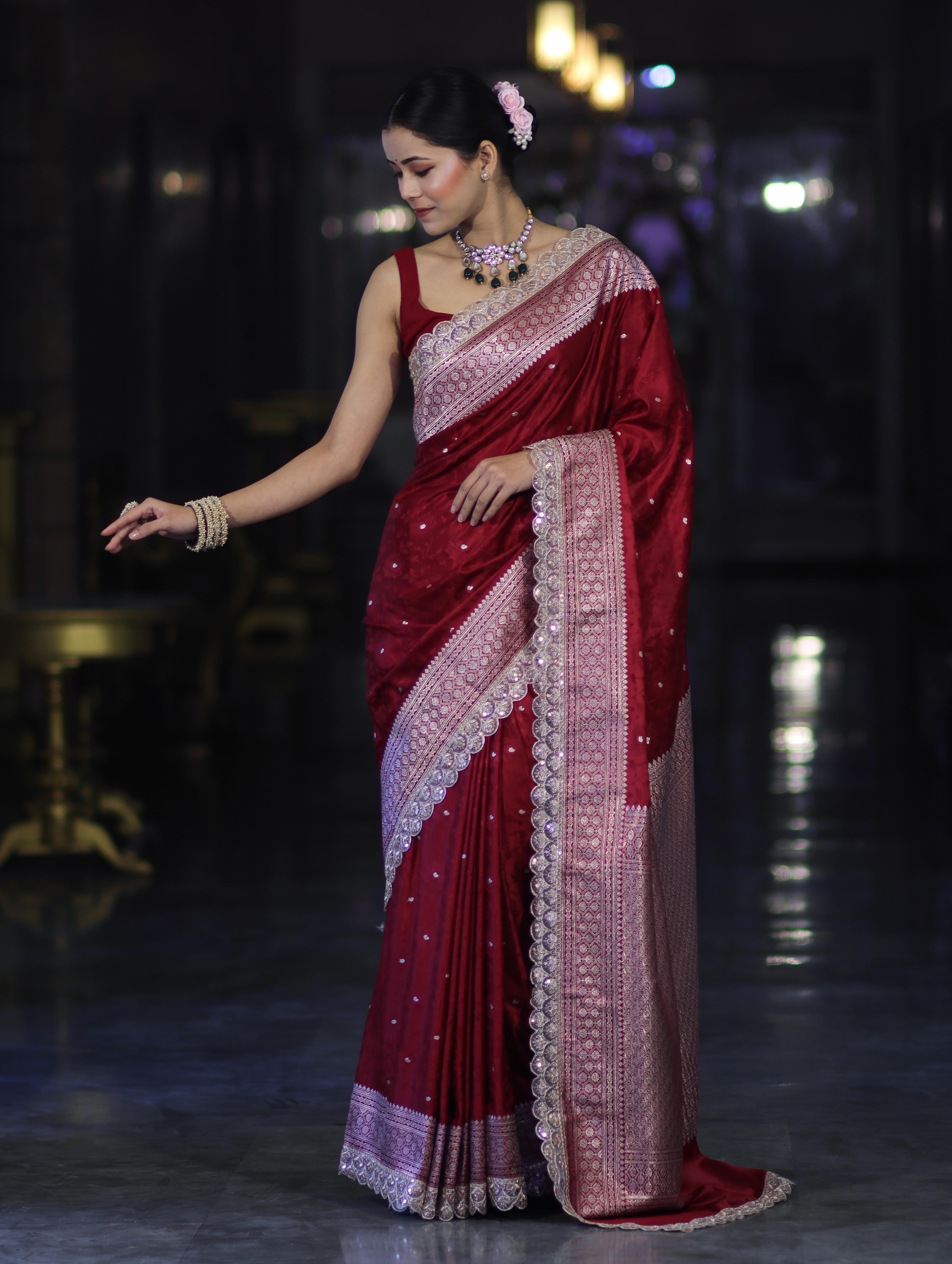 Banarasee Handloom Mashru Silk Saree With Buti Design Zari Border & Lace-Maroon