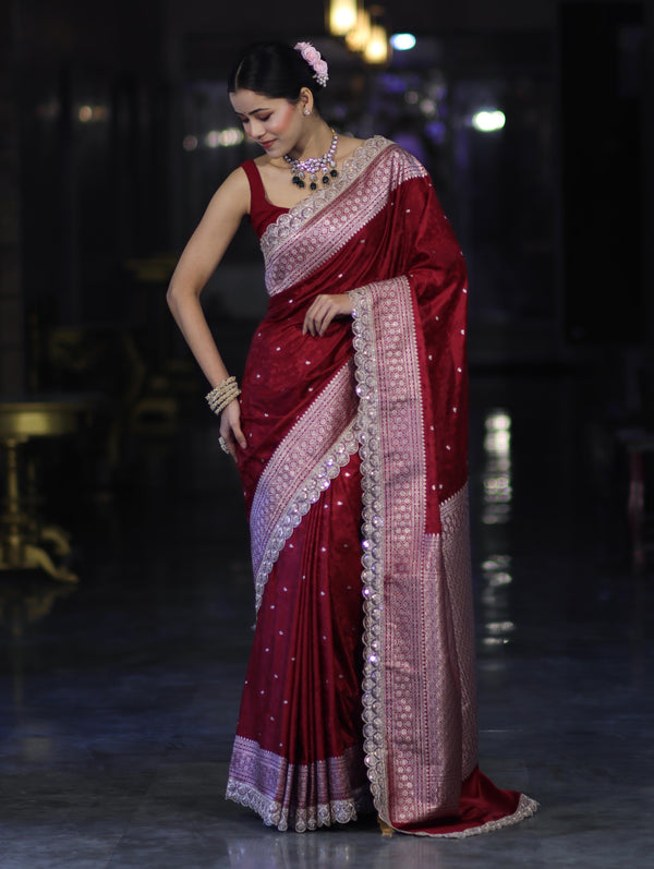 Banarasee Handloom Mashru Silk Saree With Buti Design Zari Border & Lace-Maroon