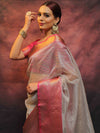 Banarasee Contrast Border Big Buta Tissue Saree-Silver & Pink