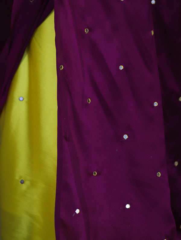 Banarasee Handloom Satin Hand Dyed Saree With Mirror Work-Violet & Yellow