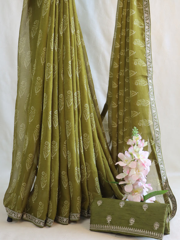 Banarasee Chiffon Printed Saree & Hand Work With Scallop Border-Olive Green
