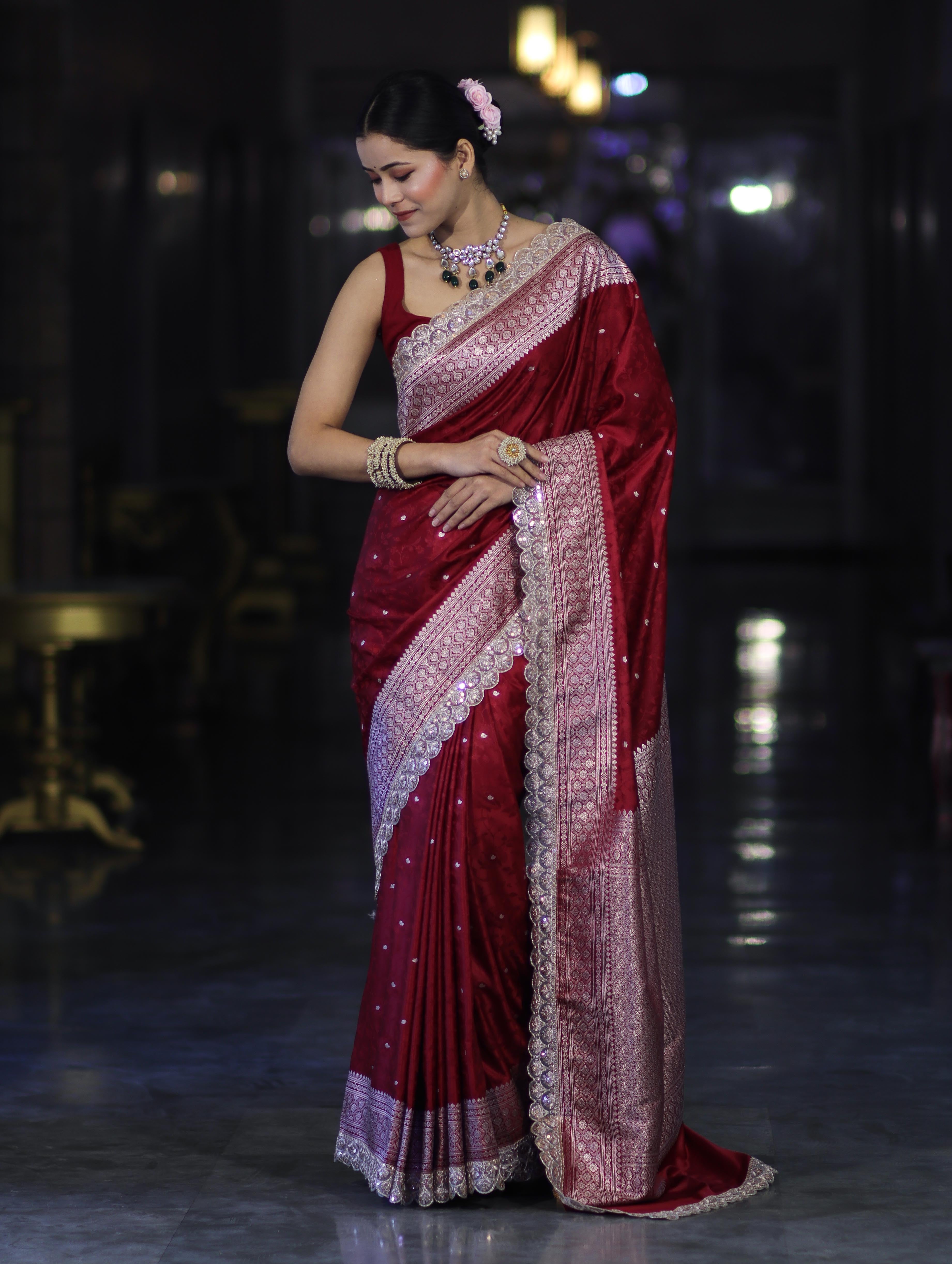Banarasee Handloom Mashru Silk Saree With Buti Design Zari Border & Lace-Maroon