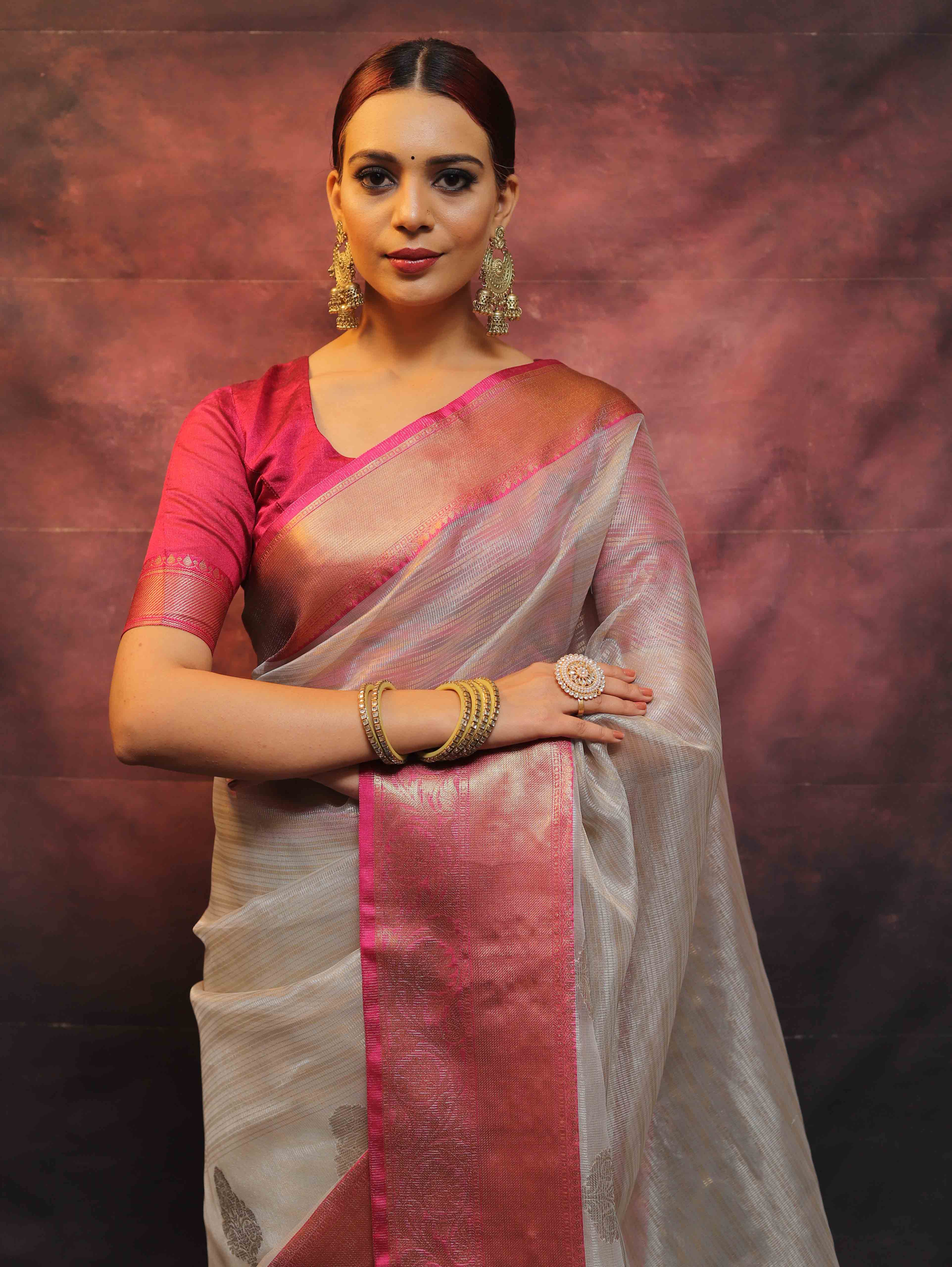 Banarasee Contrast Border Big Buta Tissue Saree-Silver & Pink