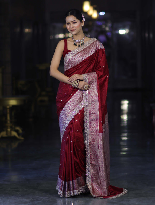 Banarasee Handloom Mashru Silk Saree With Buti Design Zari Border & Lace-Maroon