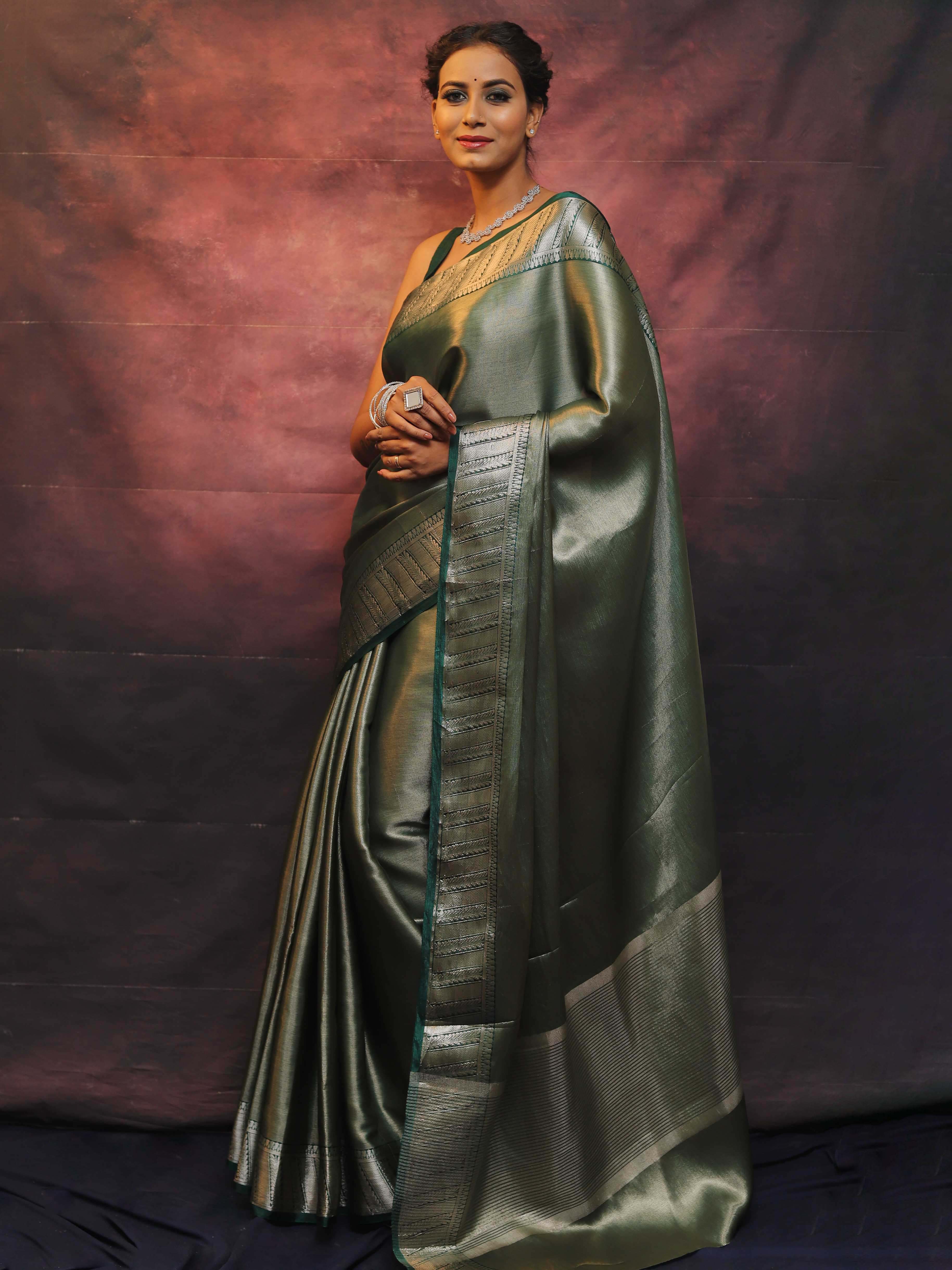 Banarasee Handwoven Tissue Silver Zari Saree-Green