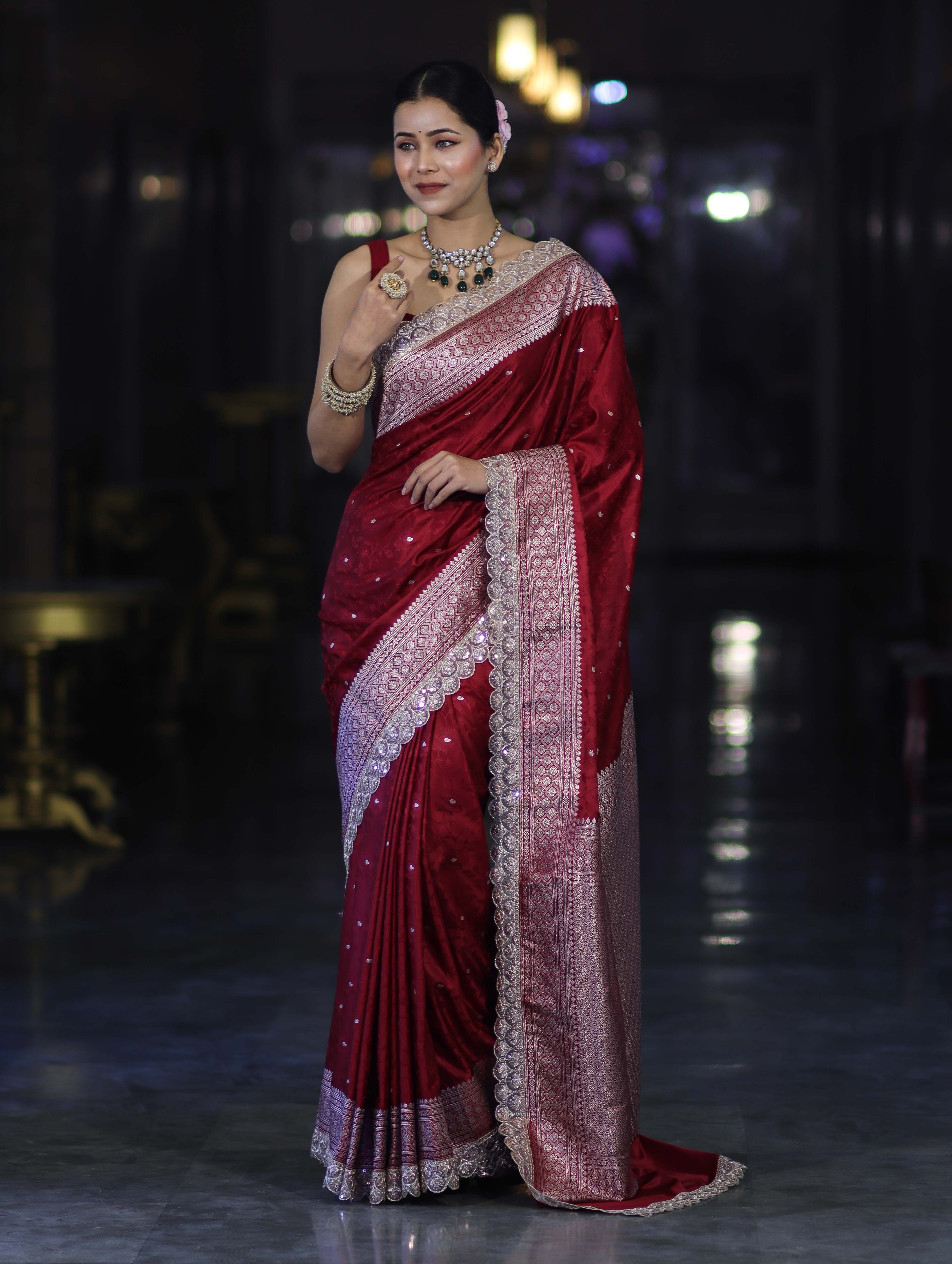 Banarasee Handloom Mashru Silk Saree With Buti Design Zari Border & Lace-Maroon