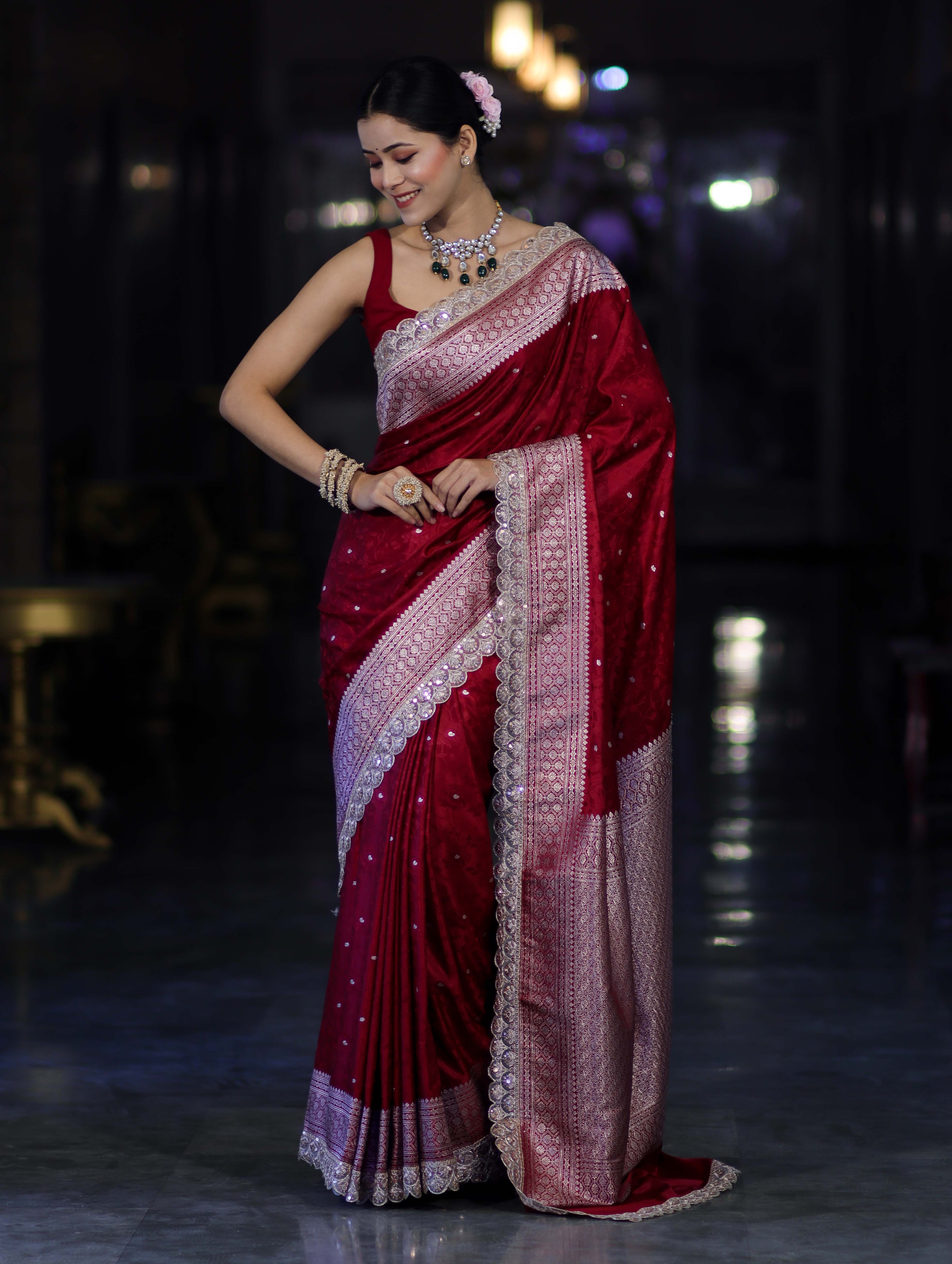 Banarasee Handloom Mashru Silk Saree With Buti Design Zari Border & Lace-Maroon