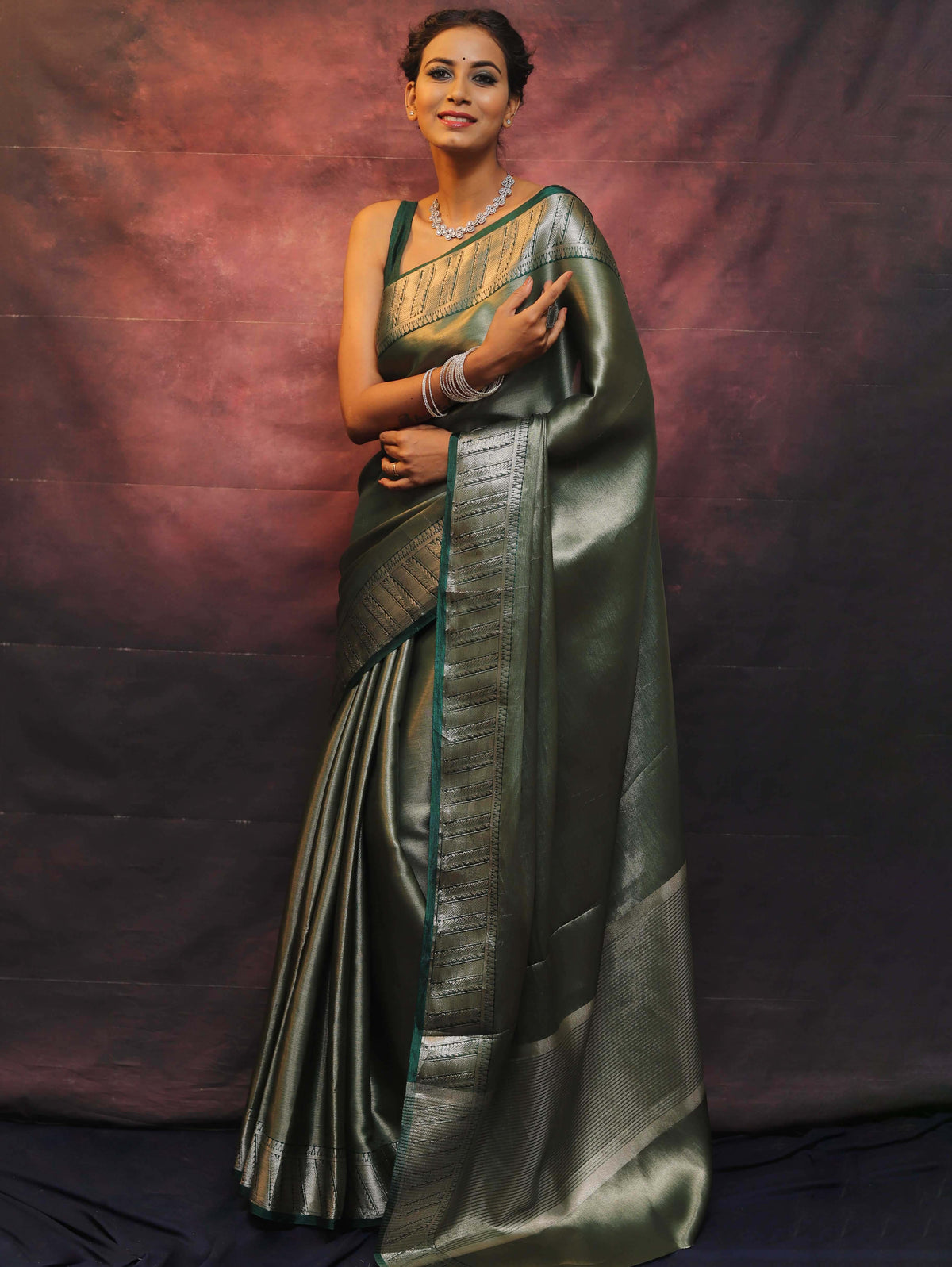 Tissue Saree in Blue-Green with Zari Stripes, Gold-Silver Weave