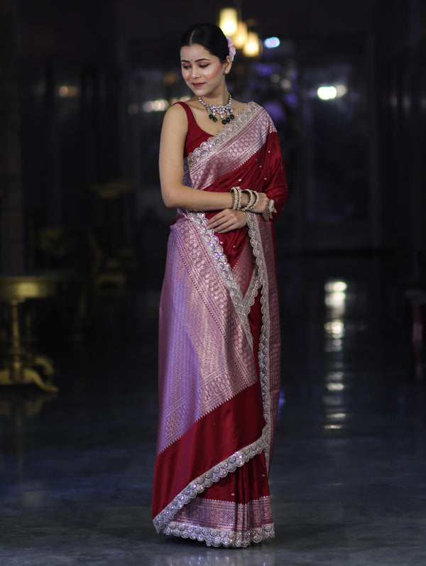 Banarasee Handloom Mashru Silk Saree With Buti Design Zari Border & Lace-Maroon