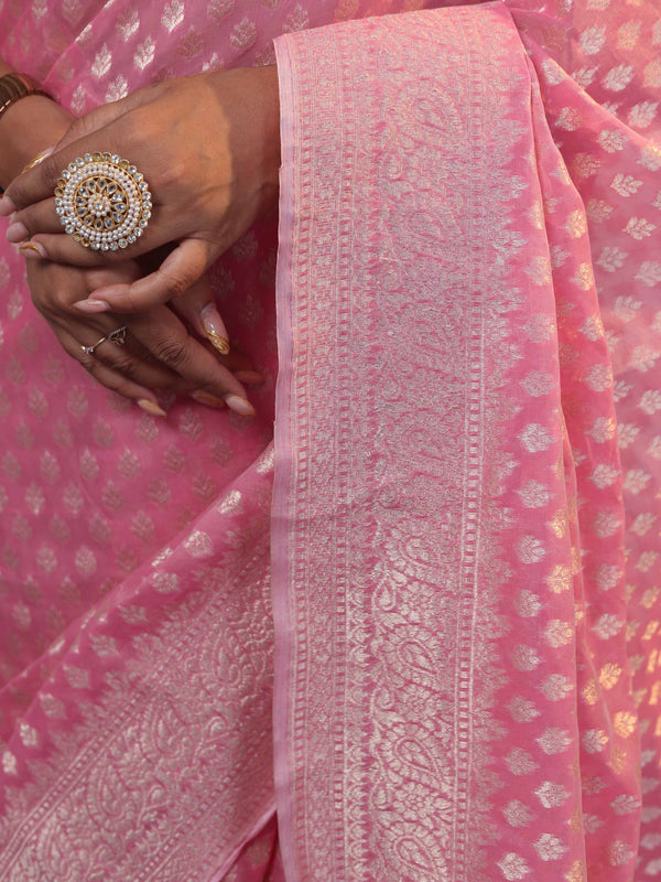Banarasee Faux Georgette Saree With Zari Buti Design & Floral Border-Light Pink