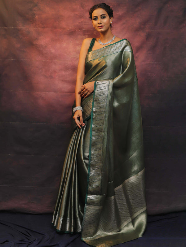 Banarasee Handwoven Tissue Silver Zari Saree-Green