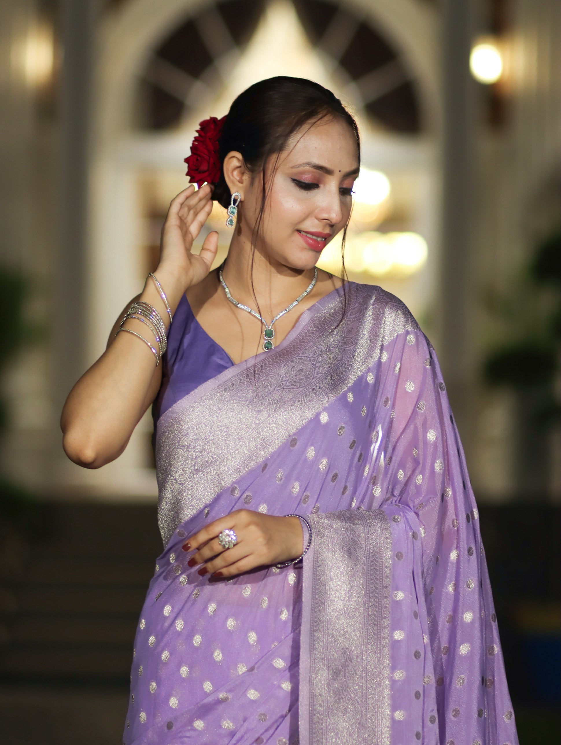 Banarasee Handwoven Chiffon Saree With Polka Dots Design & Border-Lavender