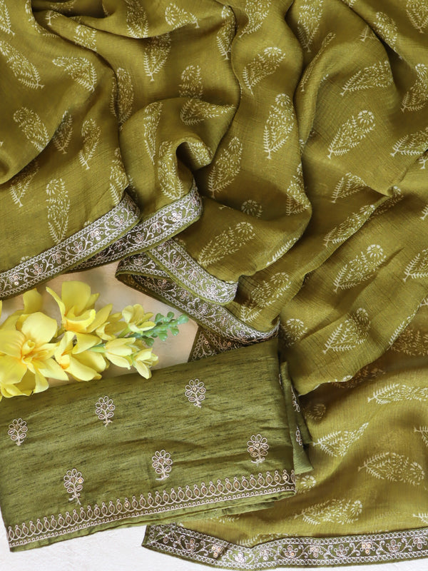 Banarasee Chiffon Printed Saree & Hand Work With Scallop Border-Olive Green