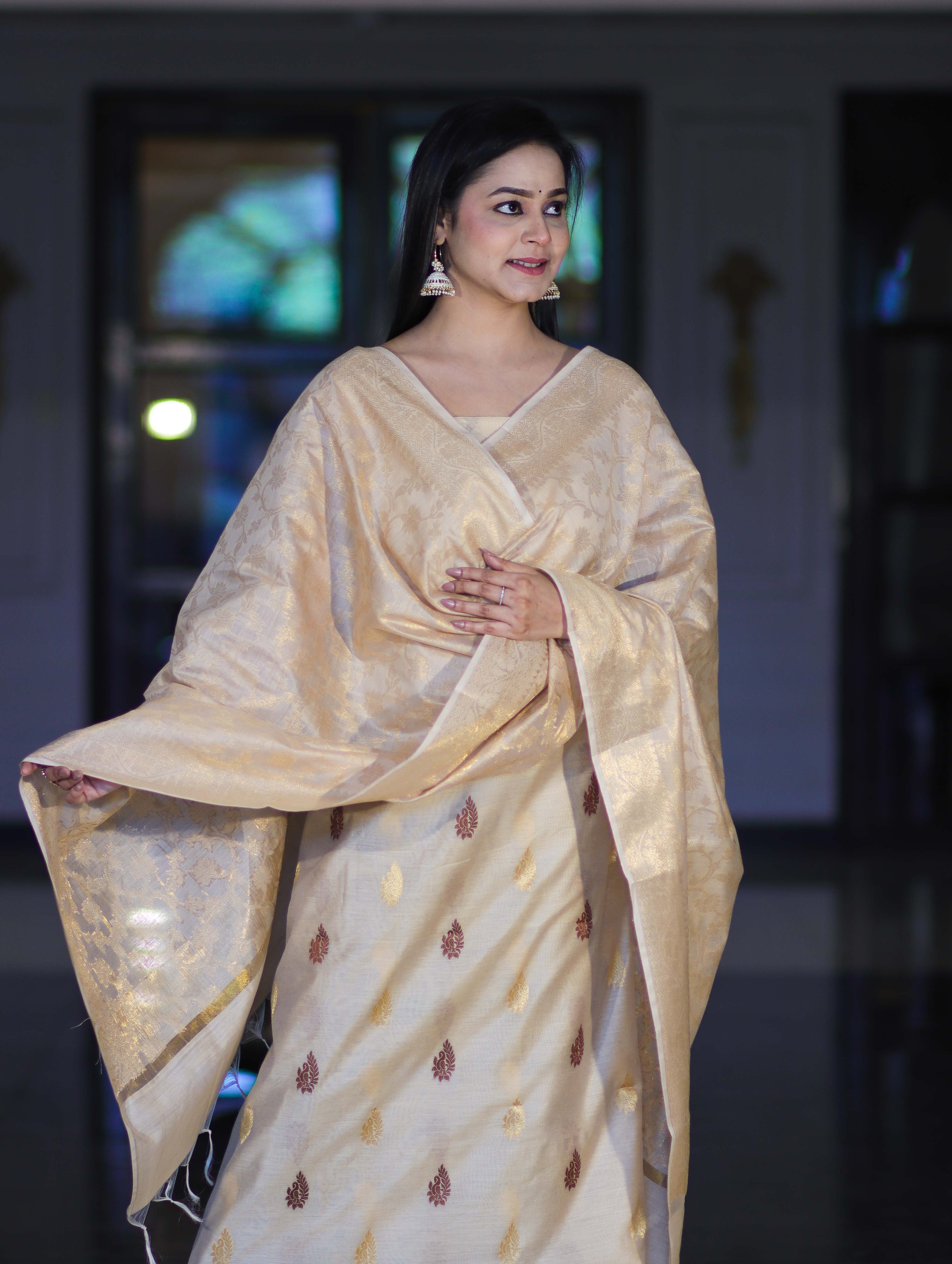 Banarasee Cotton Silk Salwar Kameez Fabric With Zari Jaal Design Dupatta Set-Beige