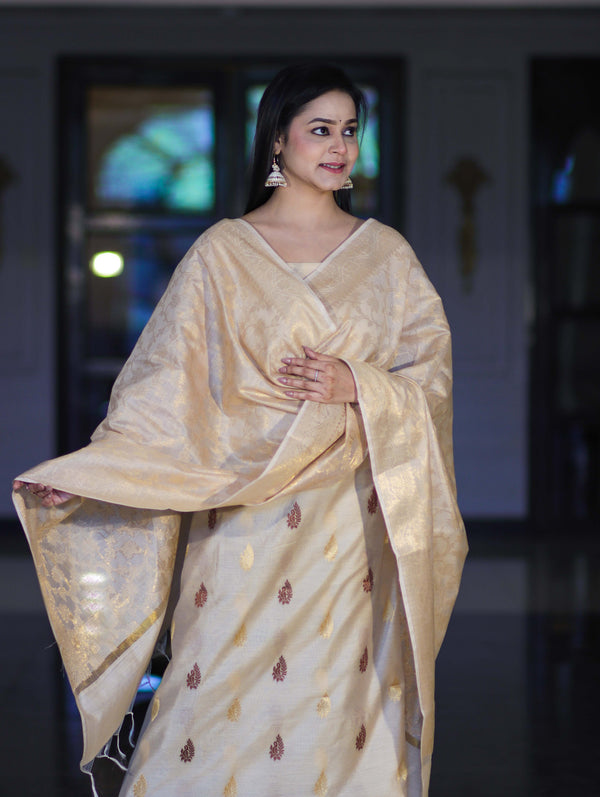 Banarasee Cotton Silk Salwar Kameez Fabric With Zari Jaal Design Dupatta Set-Beige