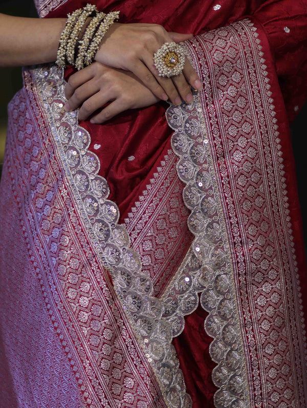 Banarasee Handloom Mashru Silk Saree With Buti Design Zari Border & Lace-Maroon