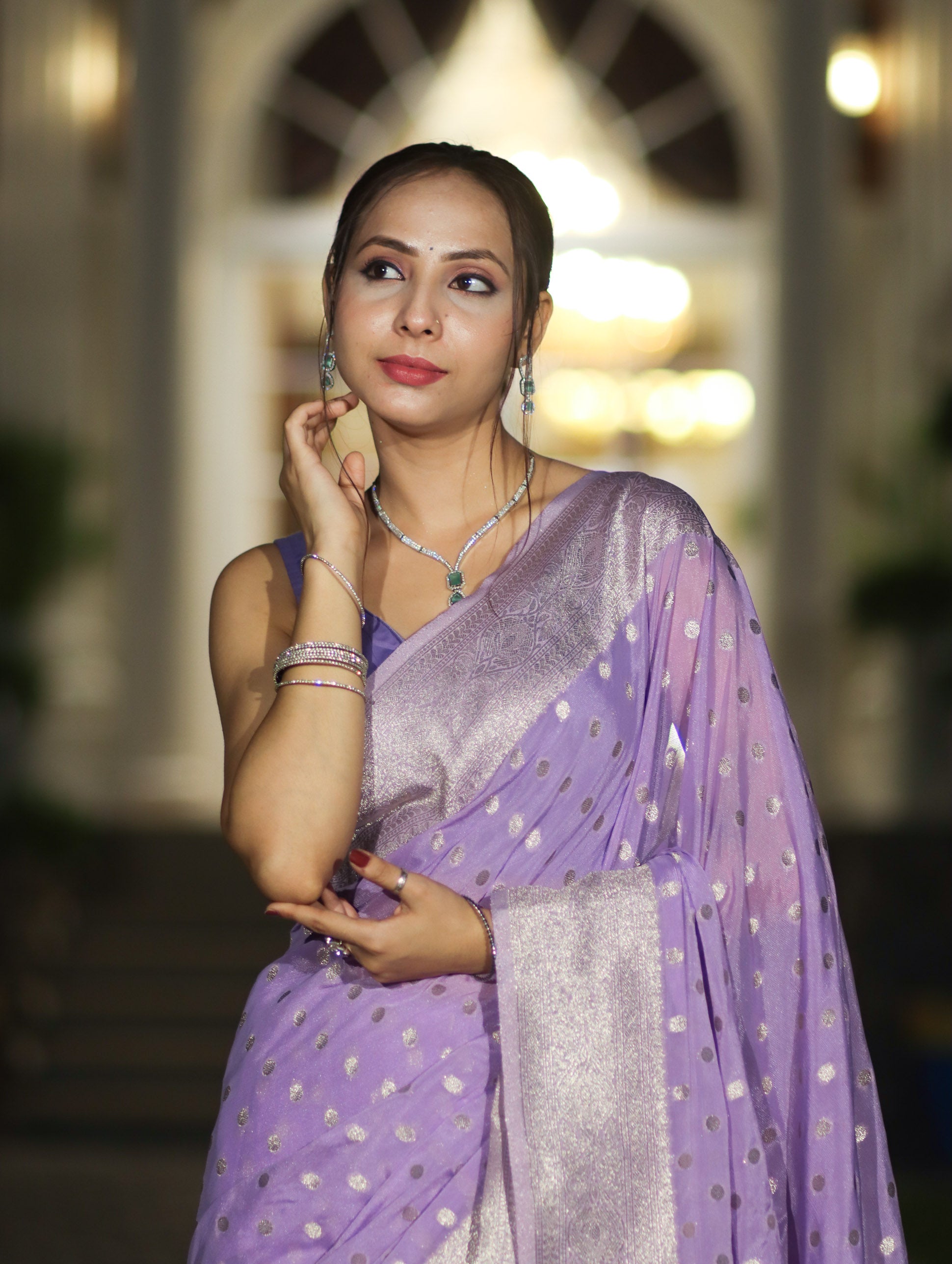 Banarasee Handwoven Chiffon Saree With Polka Dots Design & Border-Lavender