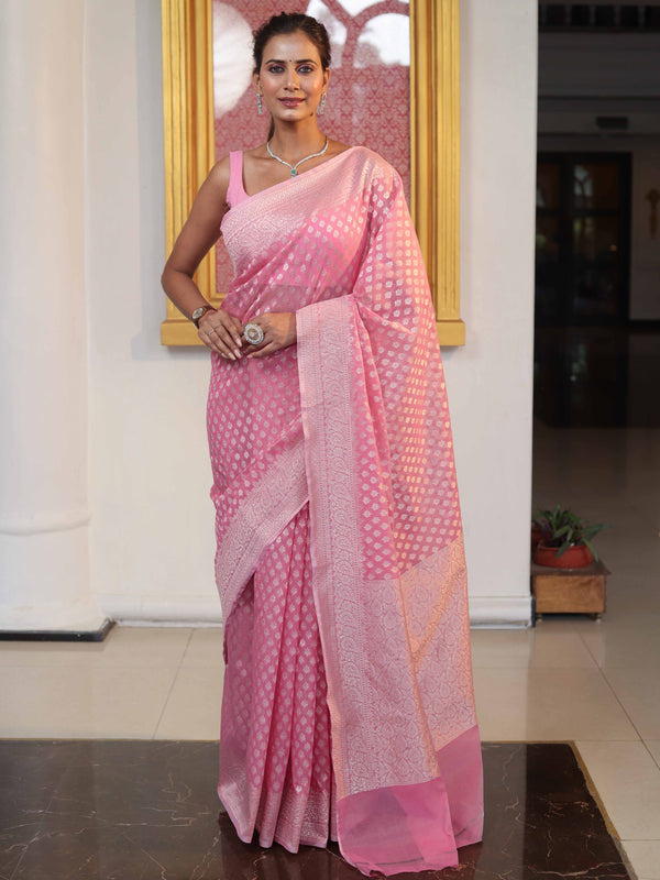 Banarasee Faux Georgette Saree With Zari Buti Design & Floral Border-Light Pink