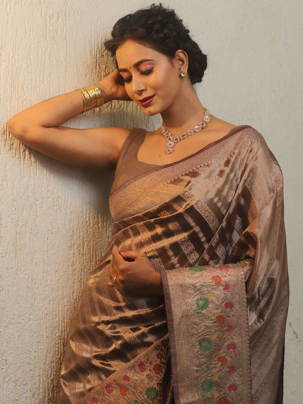 Banarasee Handwoven Tissue Saree With Meena Border Design-Brown