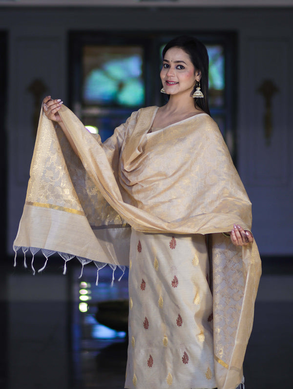 Banarasee Cotton Silk Salwar Kameez Fabric With Zari Jaal Design Dupatta Set-Beige