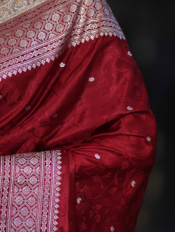 Banarasee Handloom Mashru Silk Saree With Buti Design Zari Border & Lace-Maroon