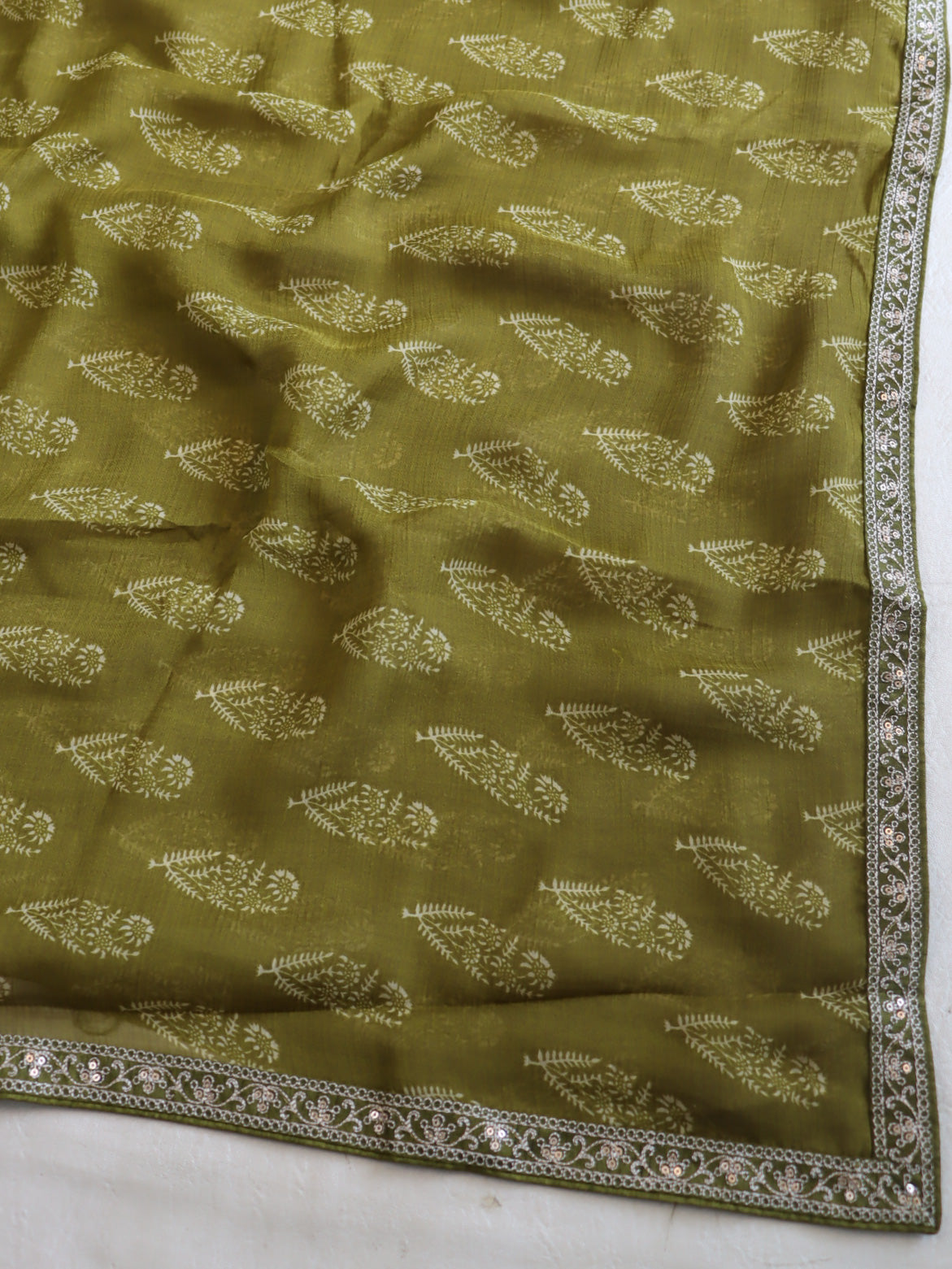 Banarasee Chiffon Printed Saree & Hand Work With Scallop Border-Olive Green