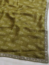 Banarasee Chiffon Printed Saree & Hand Work With Scallop Border-Olive Green