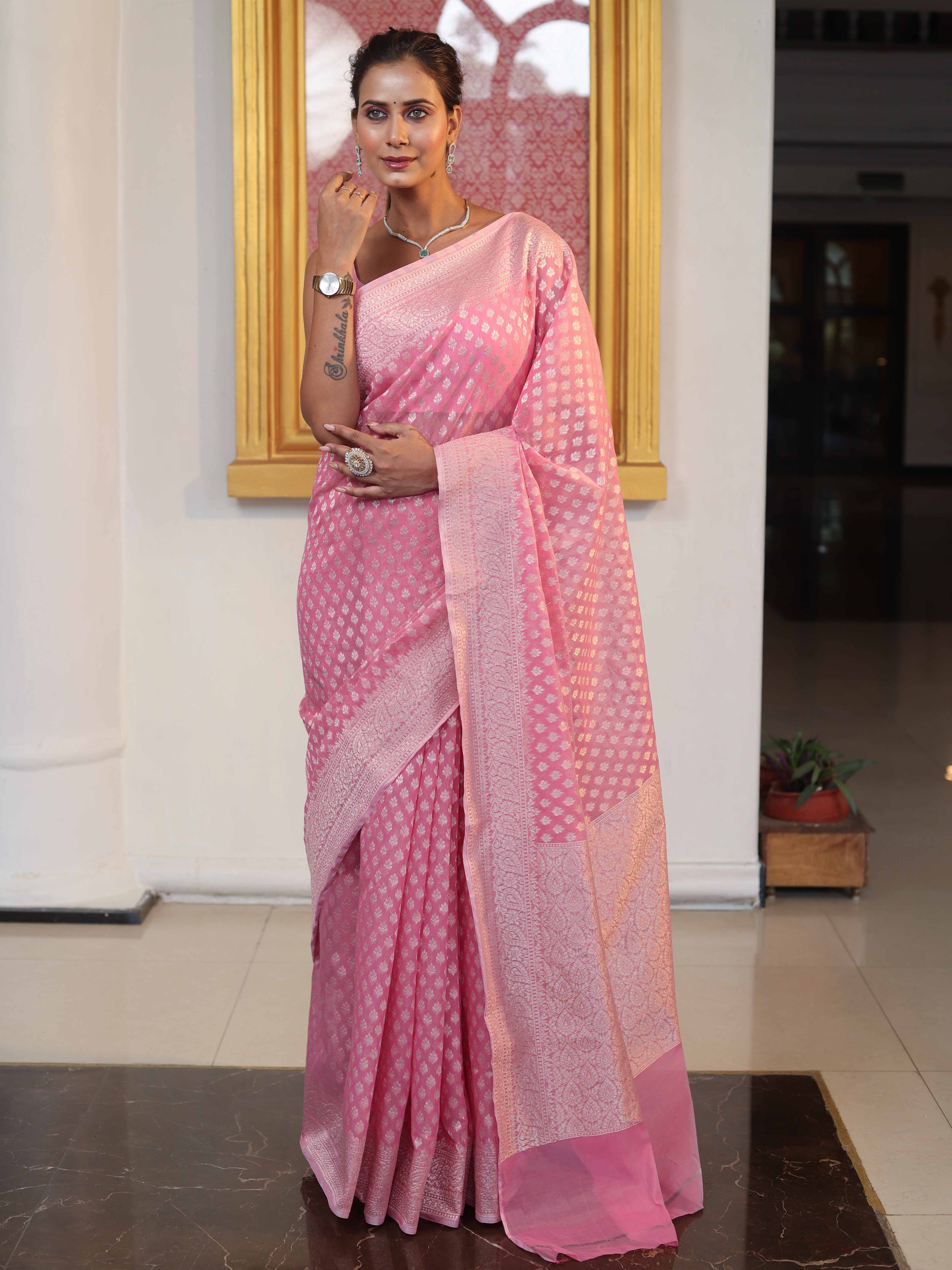 Banarasee Faux Georgette Saree With Zari Buti Design & Floral Border-Light Pink