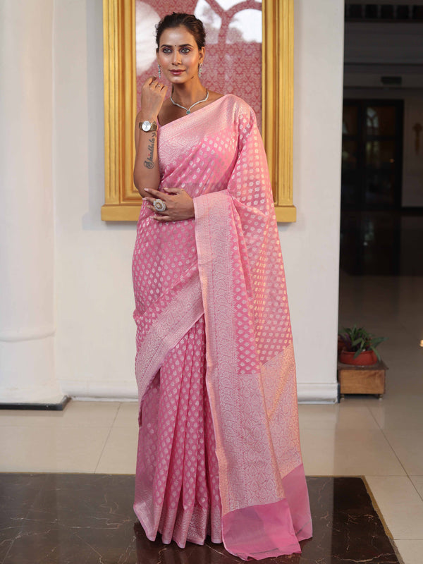 Banarasee Faux Georgette Saree With Zari Buti Design & Floral Border-Light Pink
