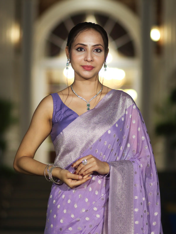 Banarasee Handwoven Chiffon Saree With Polka Dots Design & Border-Lavender