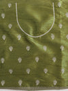 Banarasee Chiffon Printed Saree & Hand Work With Scallop Border-Olive Green