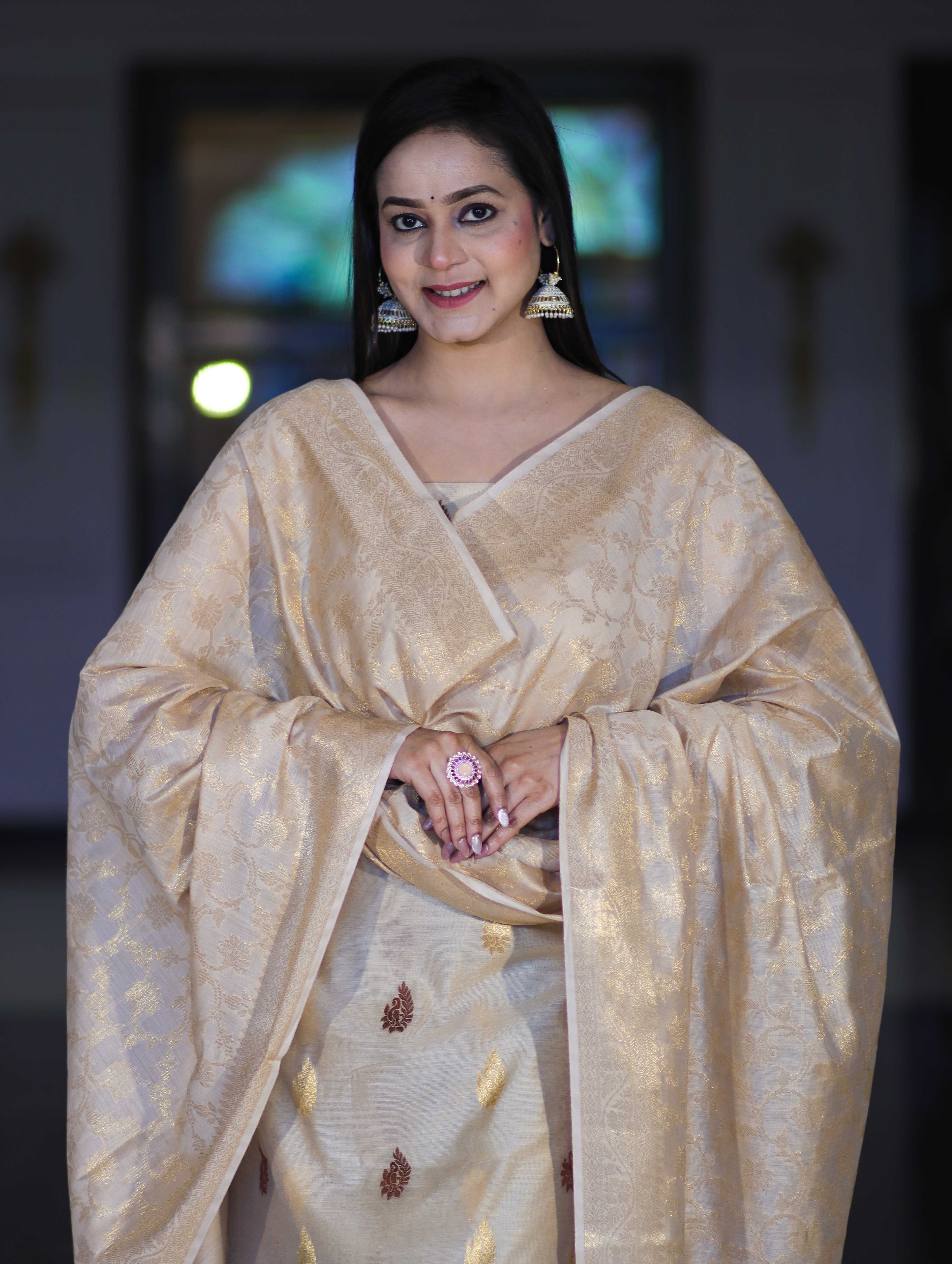 Banarasee Cotton Silk Salwar Kameez Fabric With Zari Jaal Design Dupatta Set-Beige