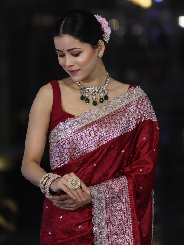 Banarasee Handloom Mashru Silk Saree With Buti Design Zari Border & Lace-Maroon