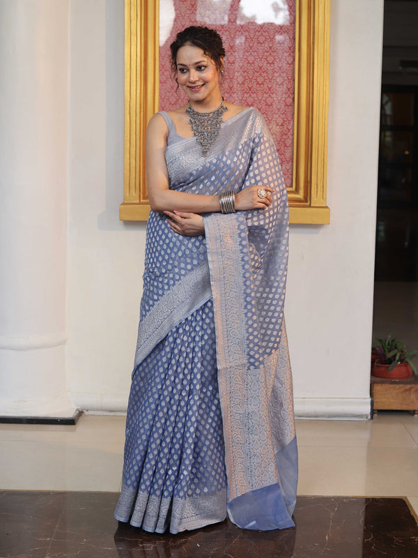 Banarasee Faux Georgette Saree With Zari Buti Design & Floral Border-Light Blue