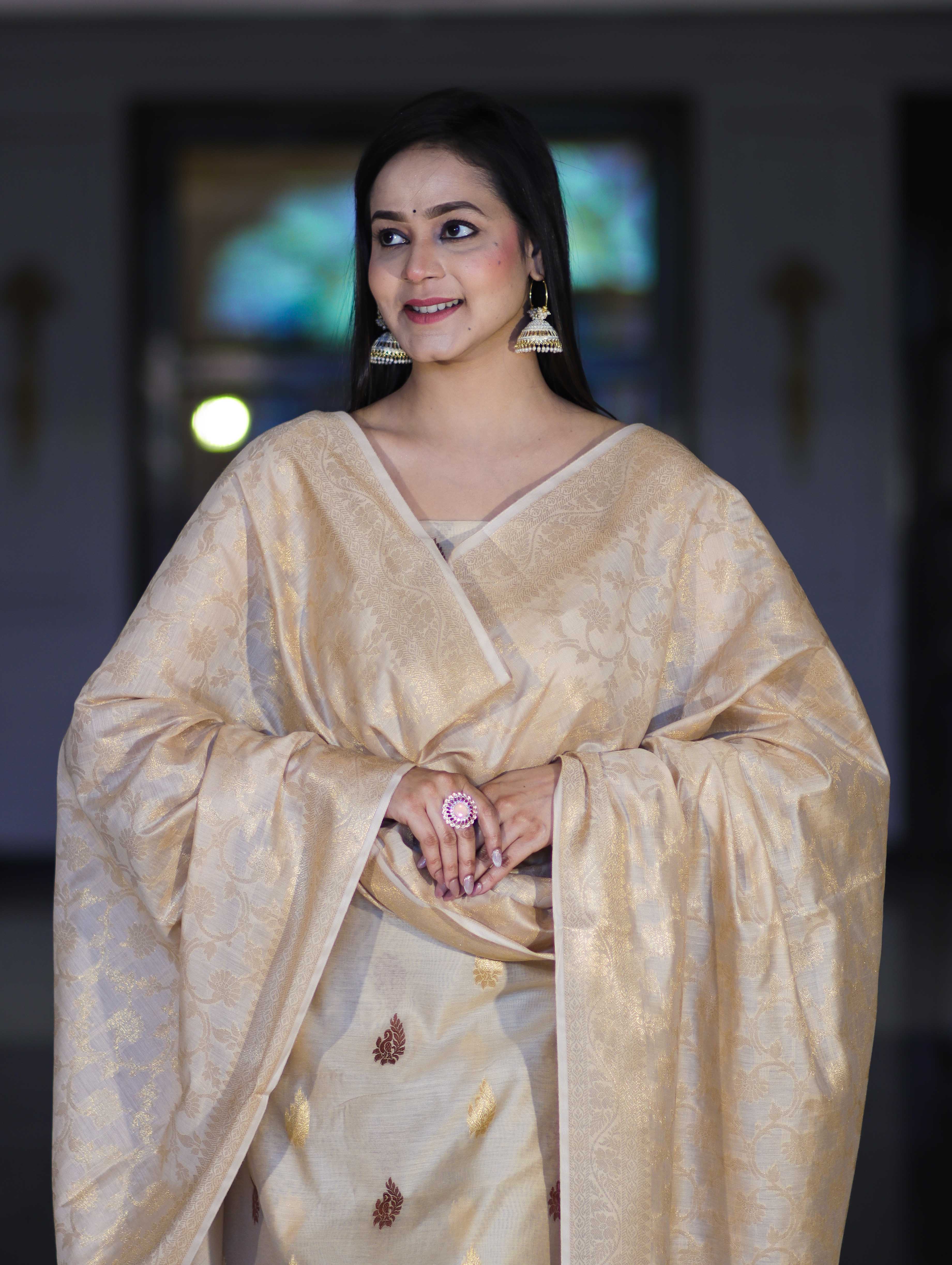 Banarasee Cotton Silk Salwar Kameez Fabric With Zari Jaal Design Dupatta Set-Beige