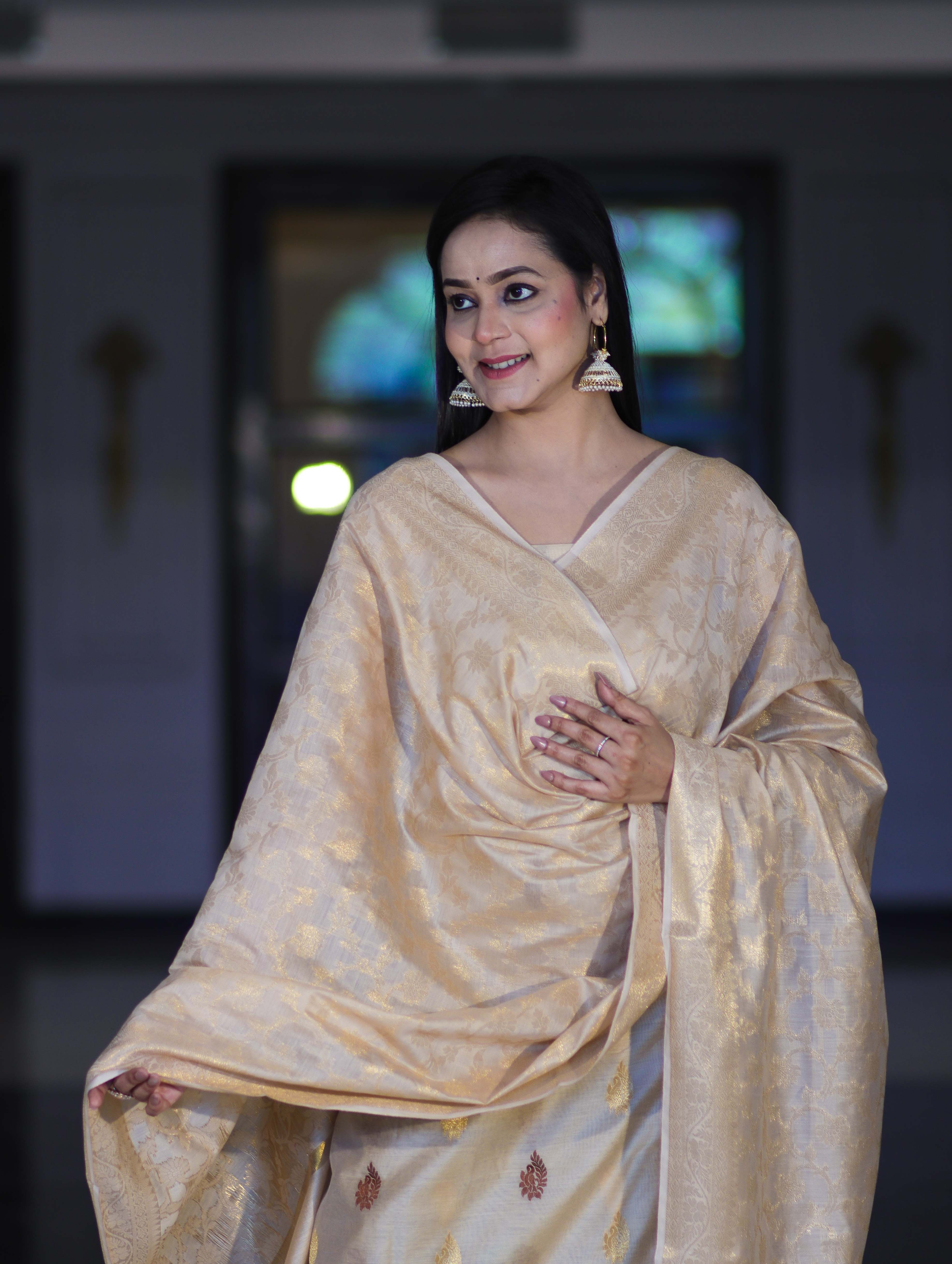 Banarasee Cotton Silk Salwar Kameez Fabric With Zari Jaal Design Dupatta Set-Beige