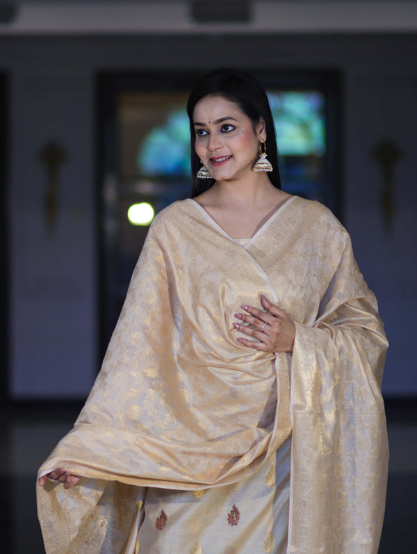 Banarasee Cotton Silk Salwar Kameez Fabric With Zari Jaal Design Dupatta Set-Beige