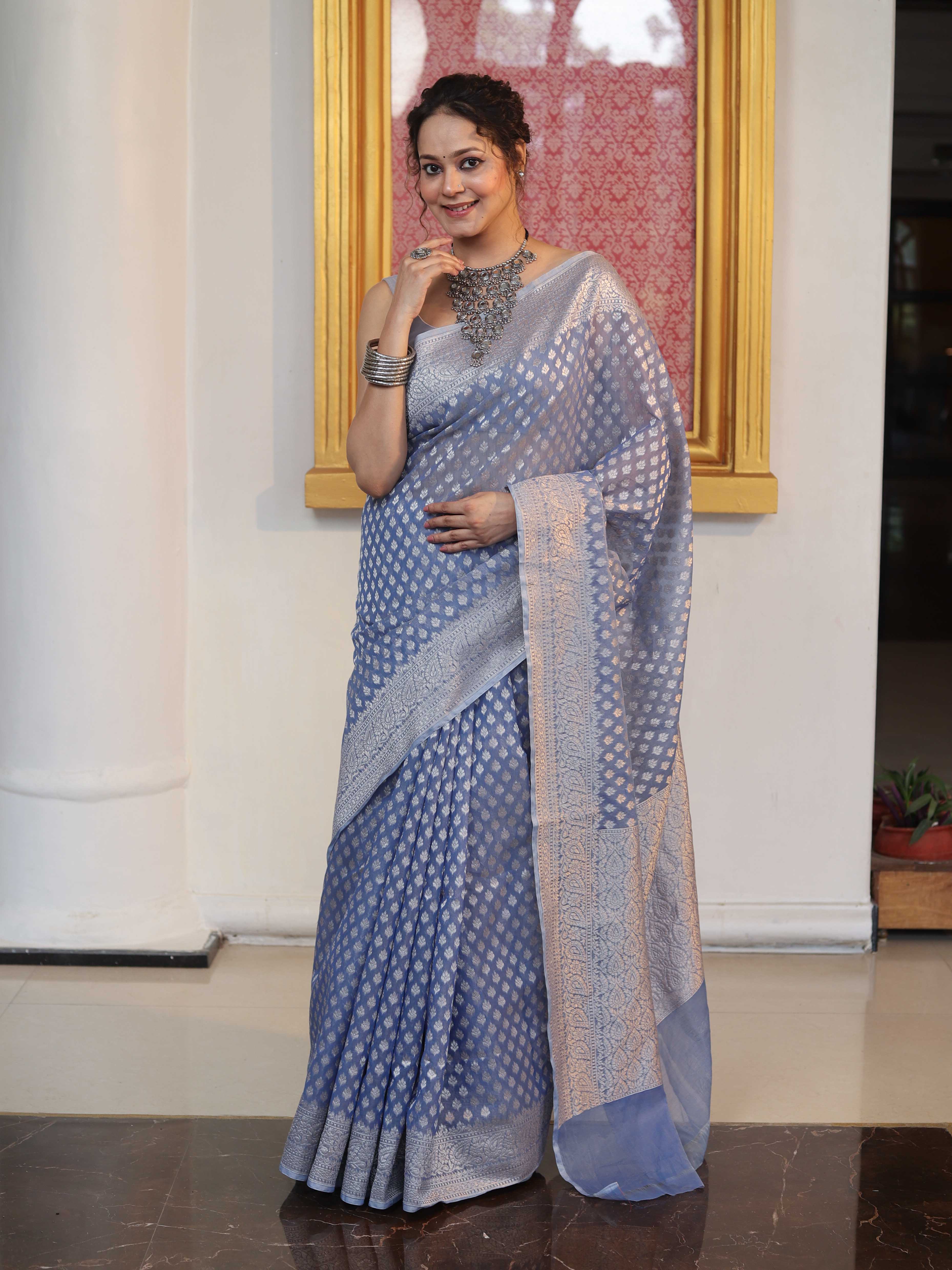 Banarasee Faux Georgette Saree With Zari Buti Design & Floral Border-Light Blue