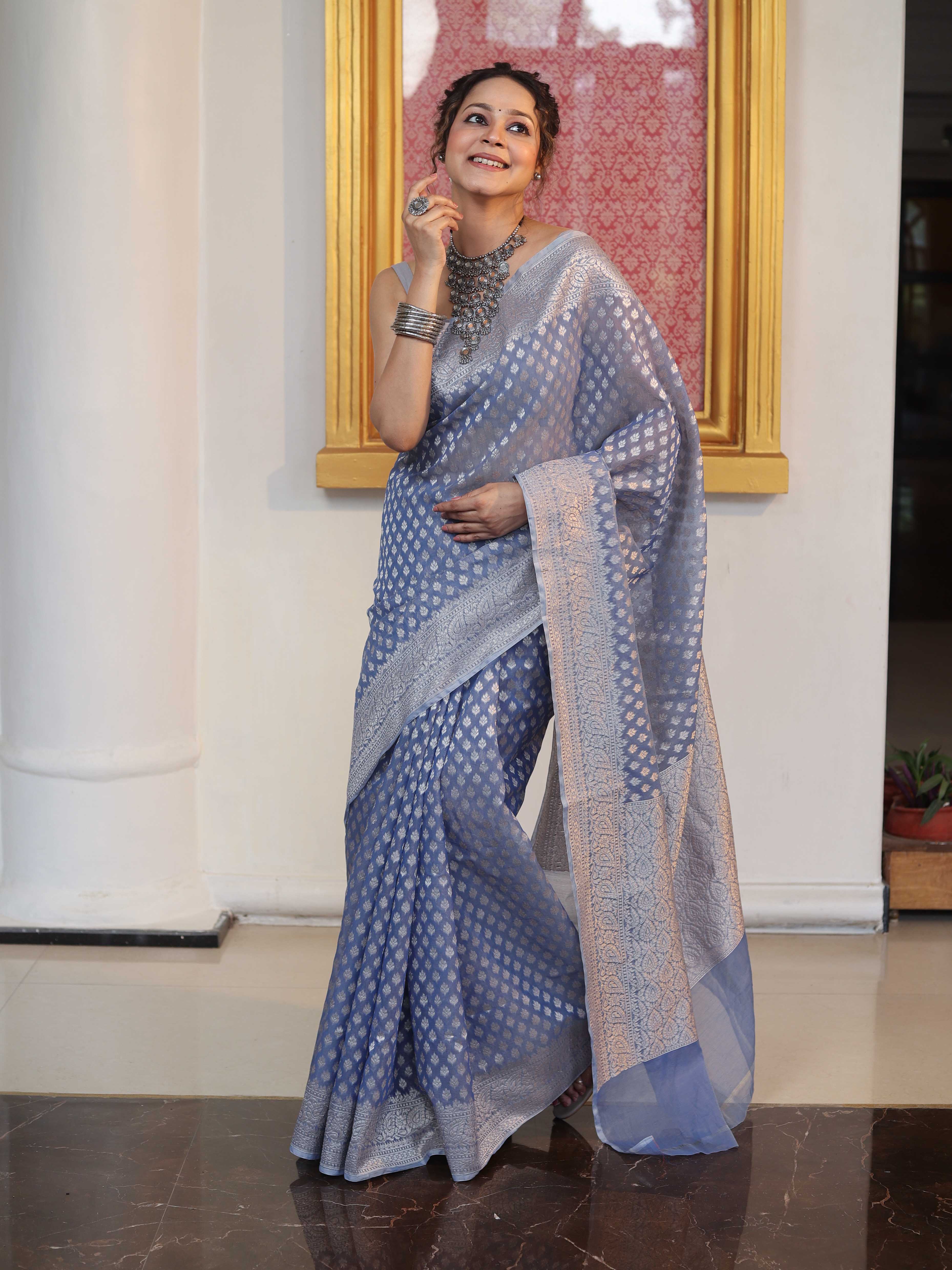 Banarasee Faux Georgette Saree With Zari Buti Design & Floral Border-Light Blue
