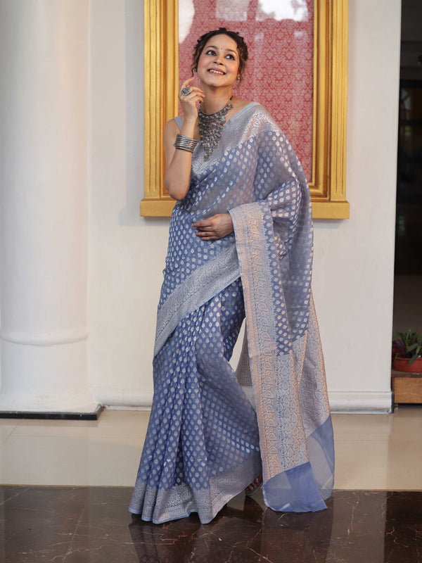 Banarasee Faux Georgette Saree With Zari Buti Design & Floral Border-Light Blue