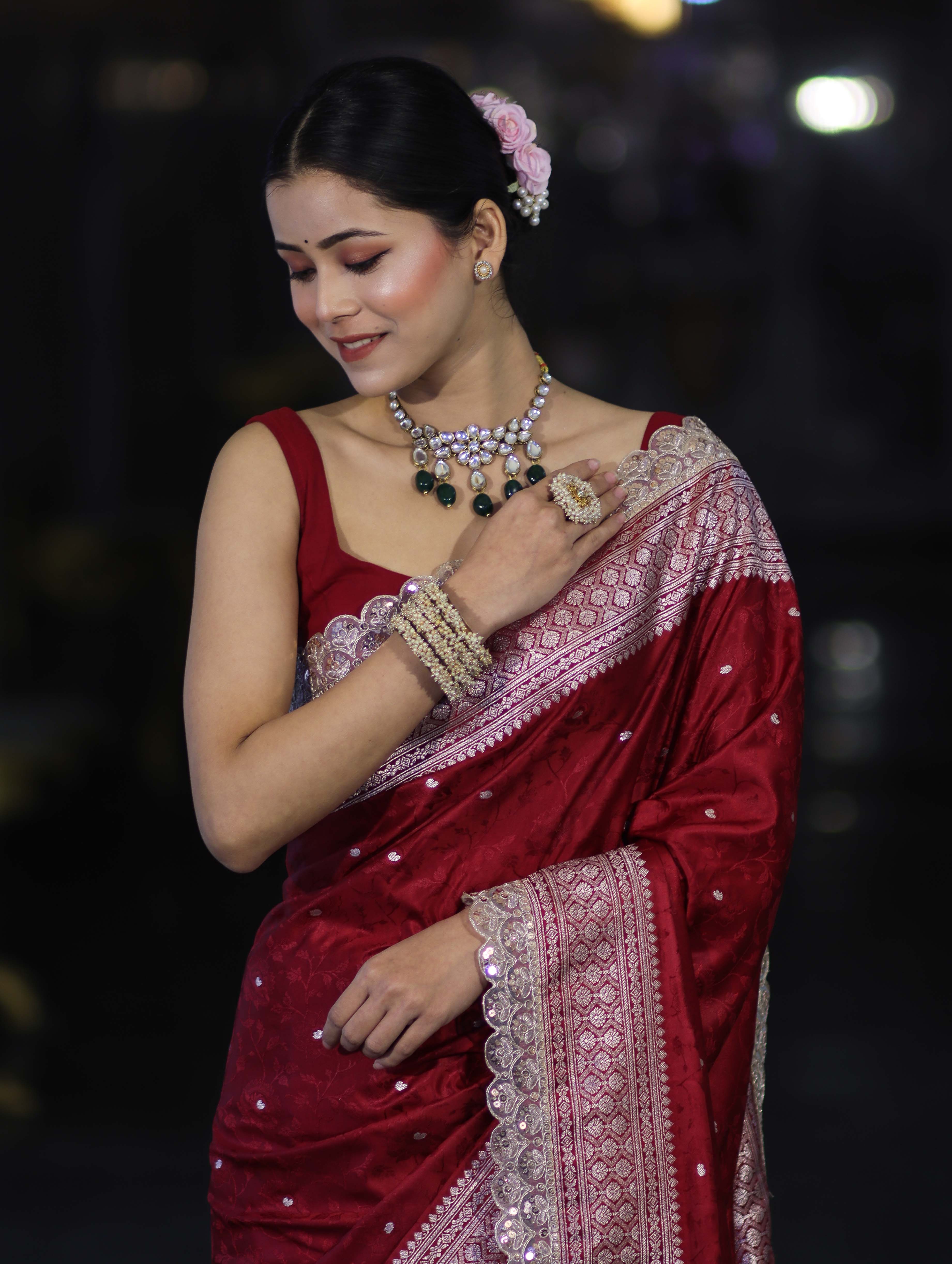 Banarasee Handloom Mashru Silk Saree With Buti Design Zari Border & Lace-Maroon