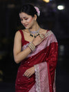 Banarasee Handloom Mashru Silk Saree With Buti Design Zari Border & Lace-Maroon