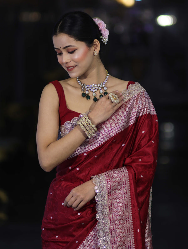 Banarasee Handloom Mashru Silk Saree With Buti Design Zari Border & Lace-Maroon