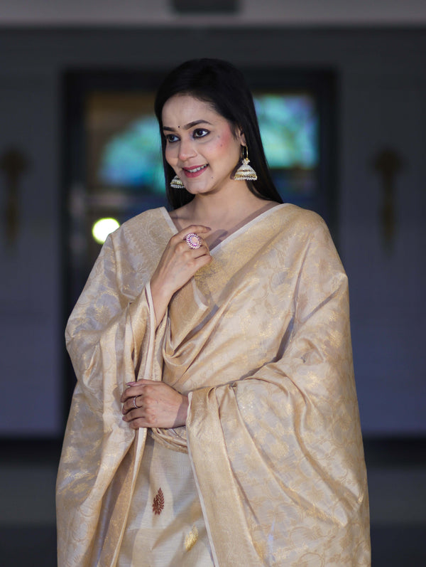 Banarasee Cotton Silk Salwar Kameez Fabric With Zari Jaal Design Dupatta Set-Beige