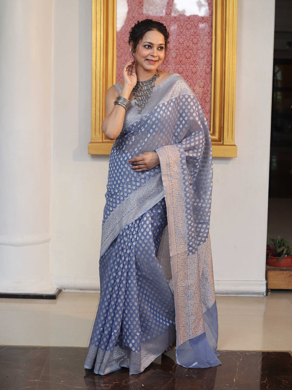 Banarasee Faux Georgette Saree With Zari Buti Design & Floral Border-Light Blue
