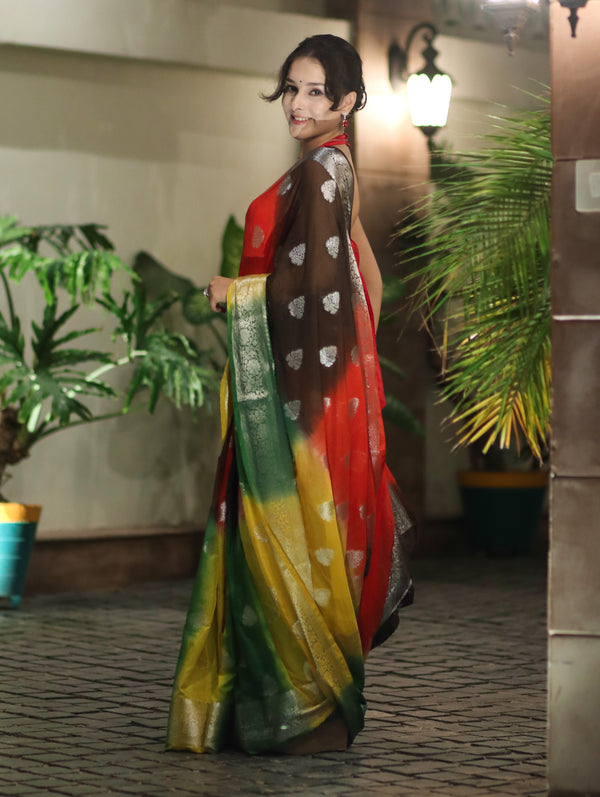 Banarasee Handwoven Semi-Chiffon Shibori Dyed Saree With Zari Work-Multicolor
