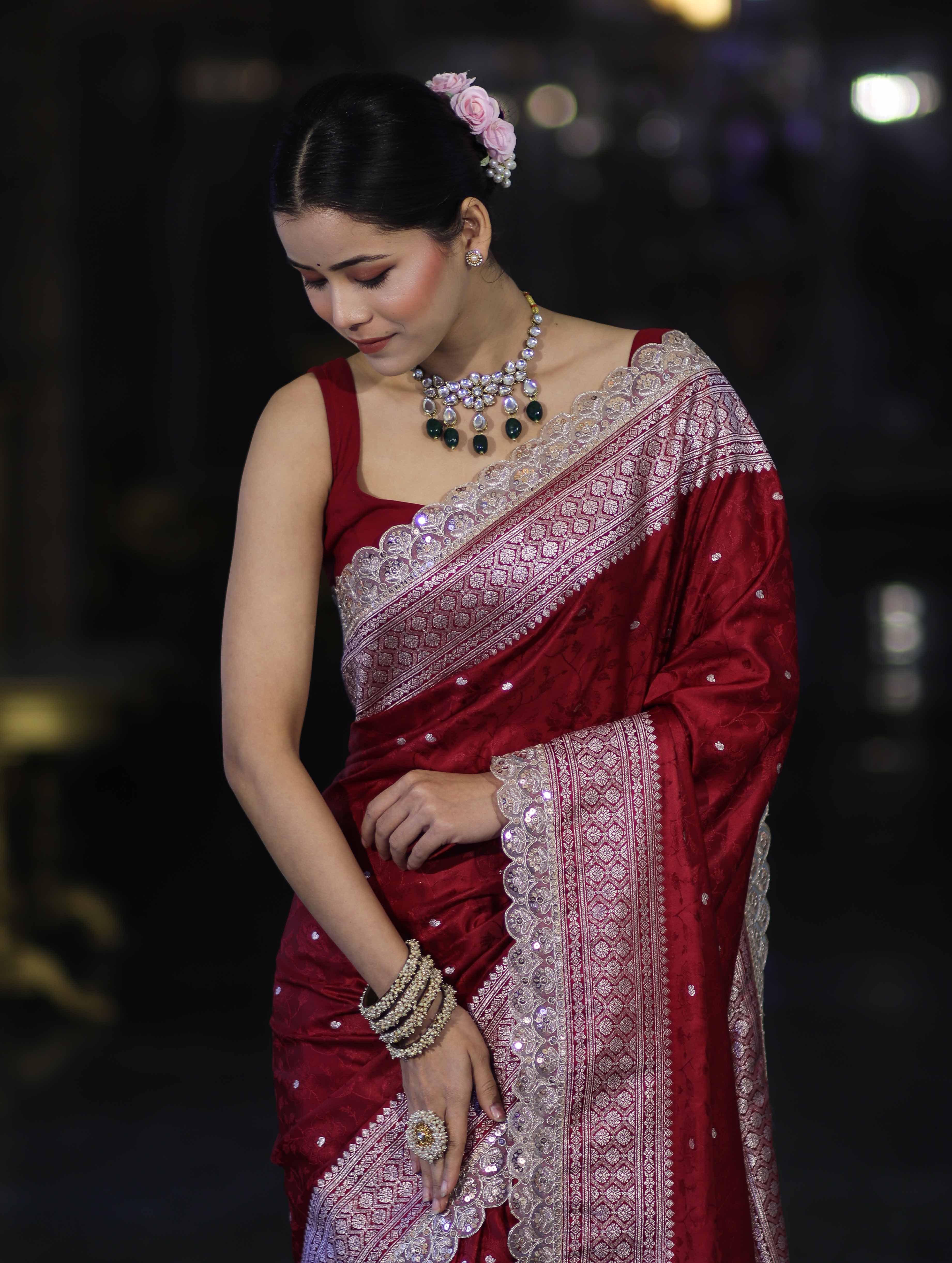 Banarasee Handloom Mashru Silk Saree With Buti Design Zari Border & Lace-Maroon