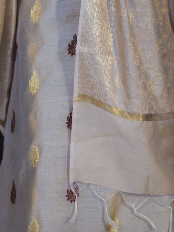 Banarasee Cotton Silk Salwar Kameez Fabric With Zari Jaal Design Dupatta Set-Beige