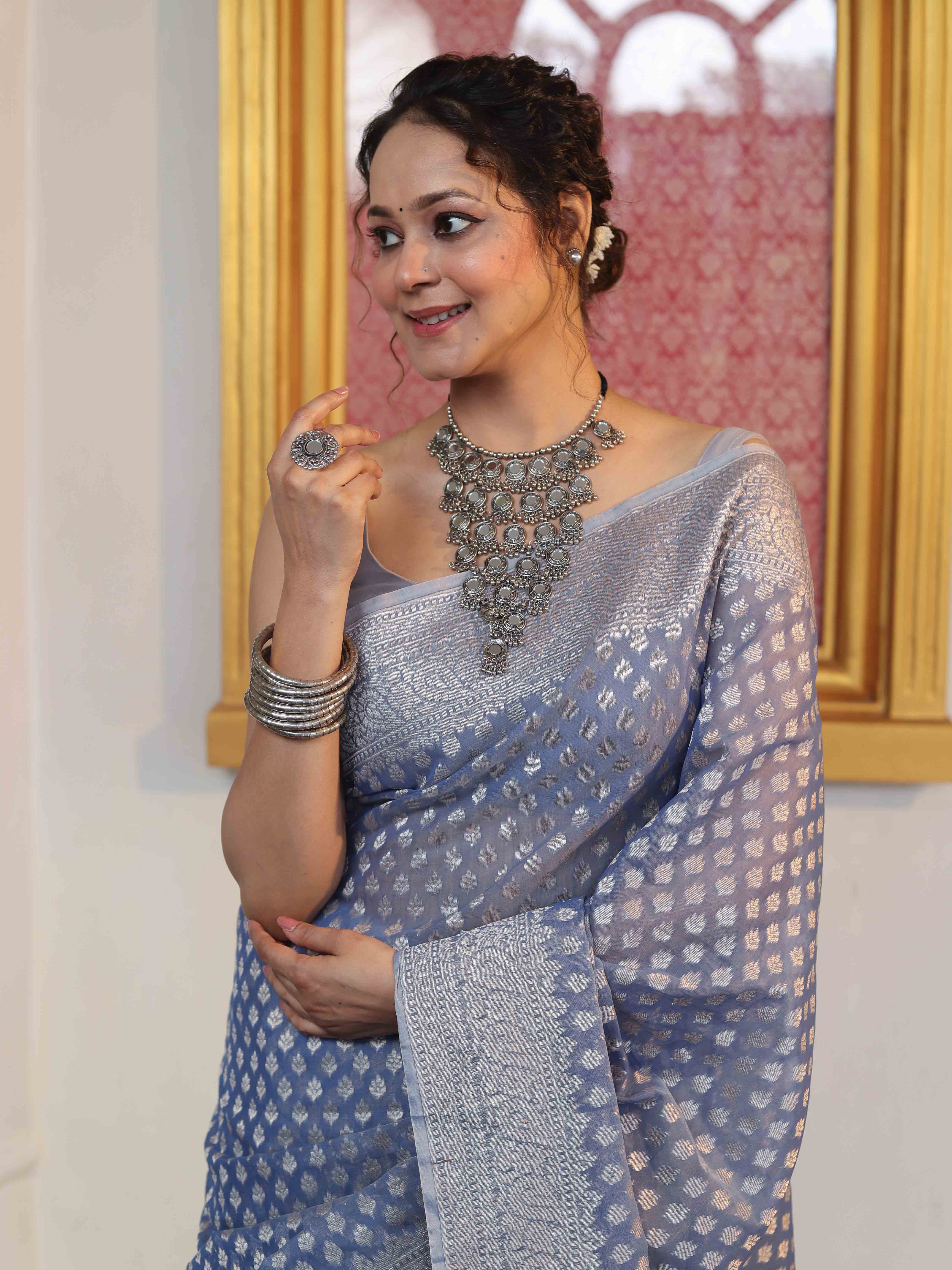 Banarasee Faux Georgette Saree With Zari Buti Design & Floral Border-Light Blue